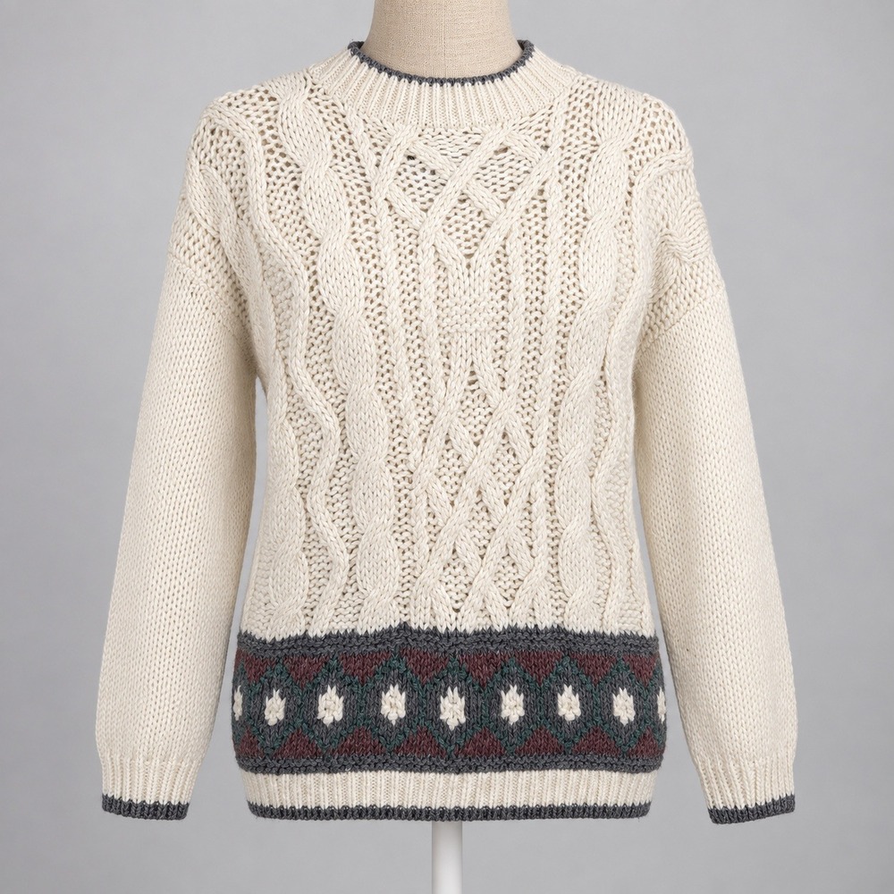 Vintage 90s Hand Knit Cable Sweater Size L Cream Fisherman Granny Cottagecore